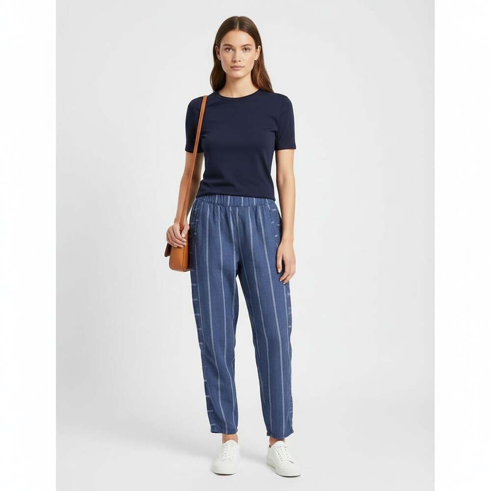 Anthropologie 100% Linen Wide Leg Crop Pants Women Small Blue Stripe Elastic